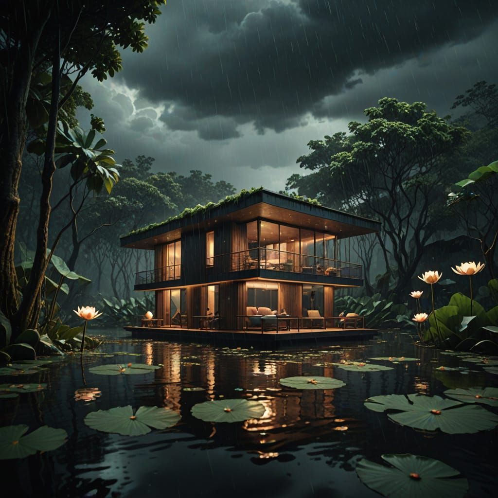 Dreamlike Floating House in a Rainforest Oasis