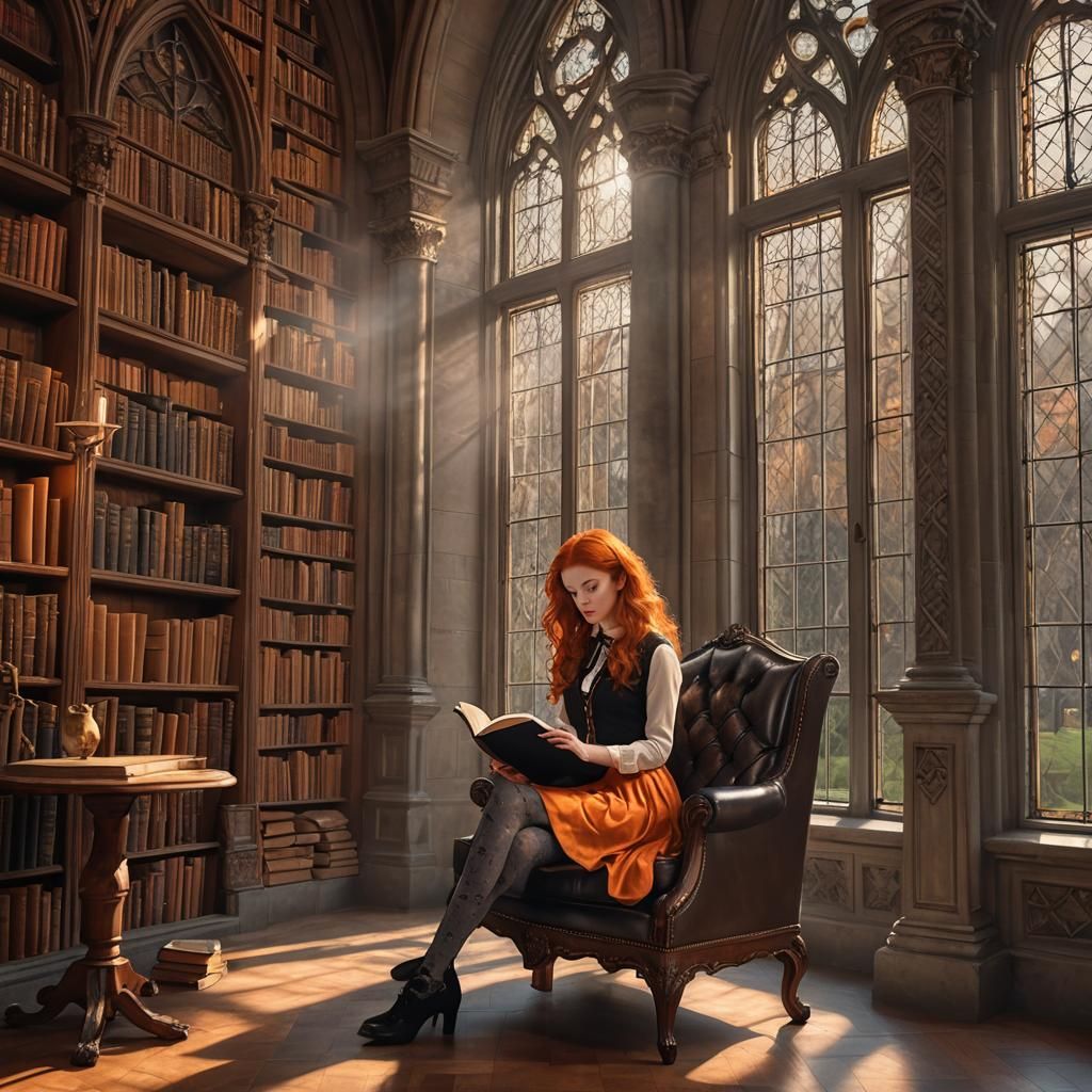 Redhead Reads in Gothic Library: Photorealistic Style