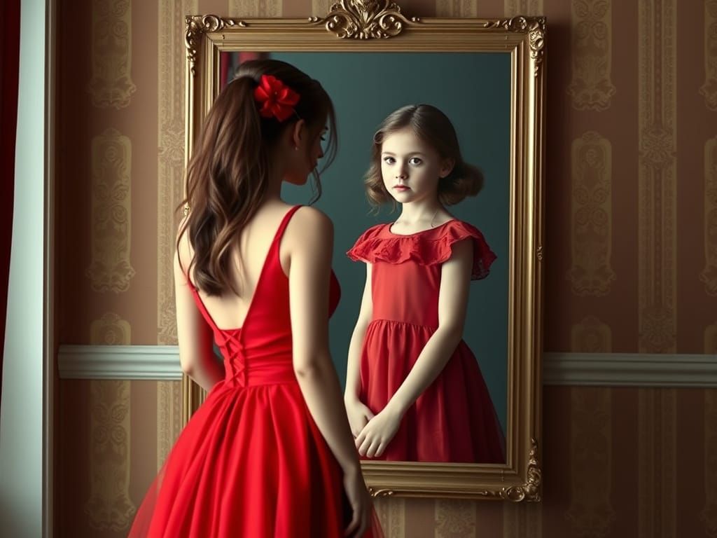 Surreal Art: Woman Reflected as Young Girl in Mirror