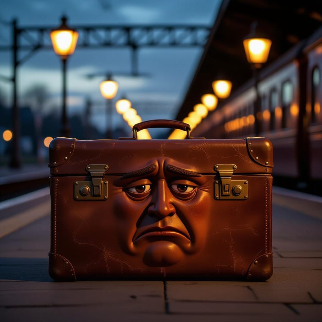 Anthropomorphic Suitcase on Deserted Platform