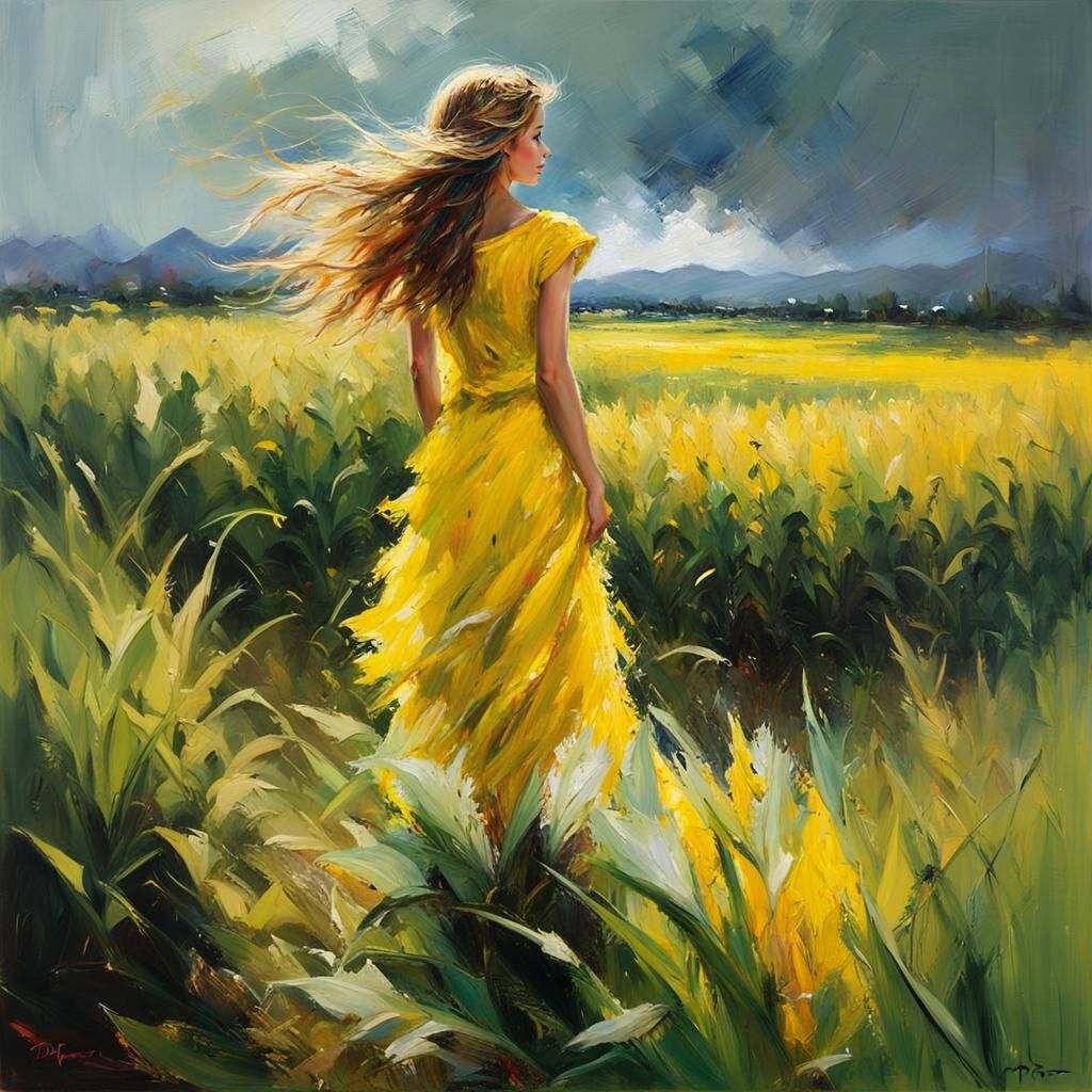 Girl in Corn Dress: Tachisme Brushwork Style