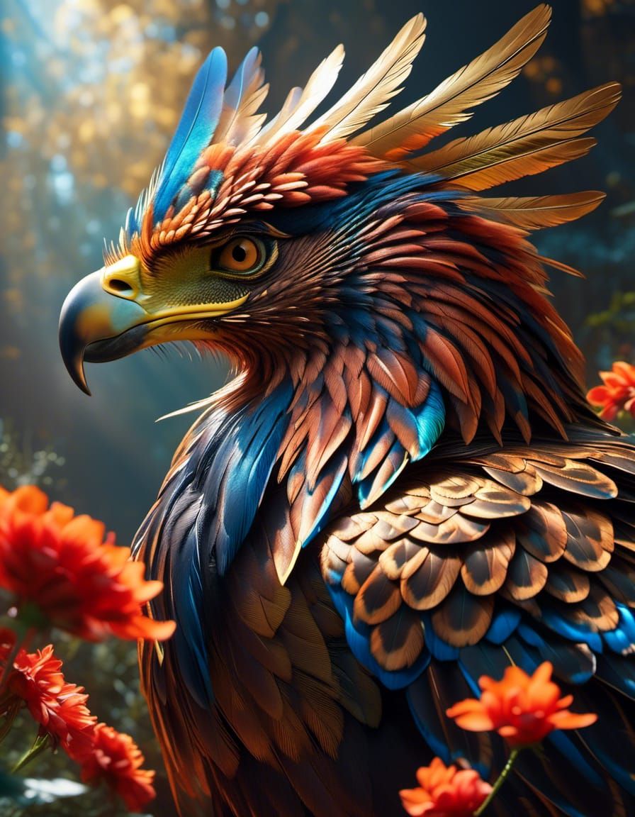 Iridescent Golden Eagle in Maximalist Flower Garden