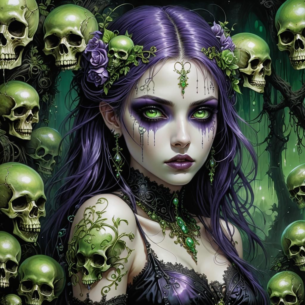 Gothic Punk Girl with Bioluminescent Skulls