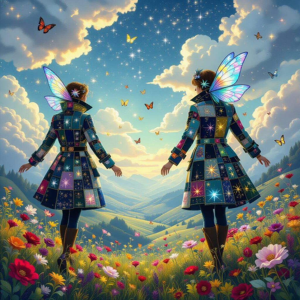 Fairies with patchwork costumes that glow and sparkle