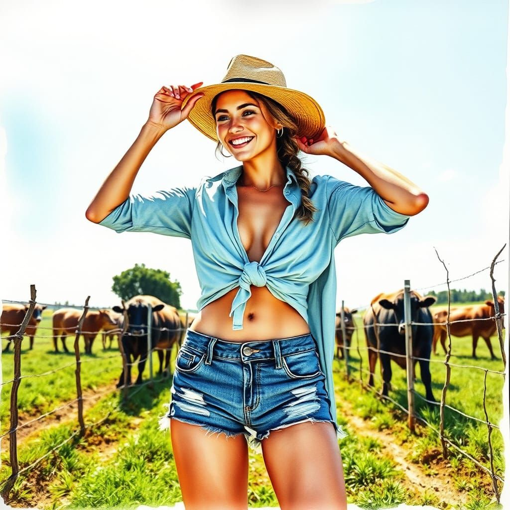 Watercolor Painting of Athletic Woman on Farm
