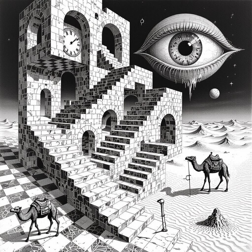 Surreal Etching of Impossible Architecture in Black and Whit...