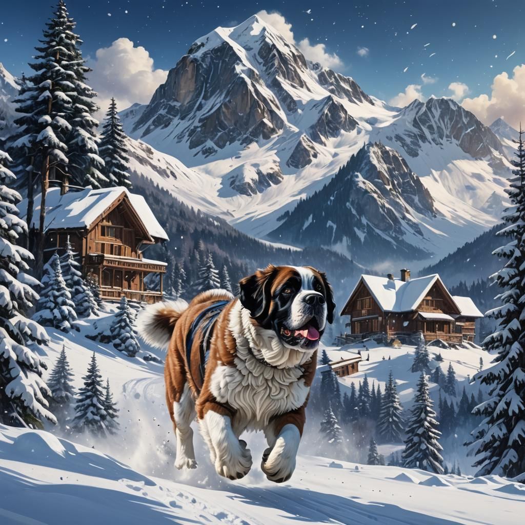 Snowy Mountain Landscape with Saint Bernard Dog