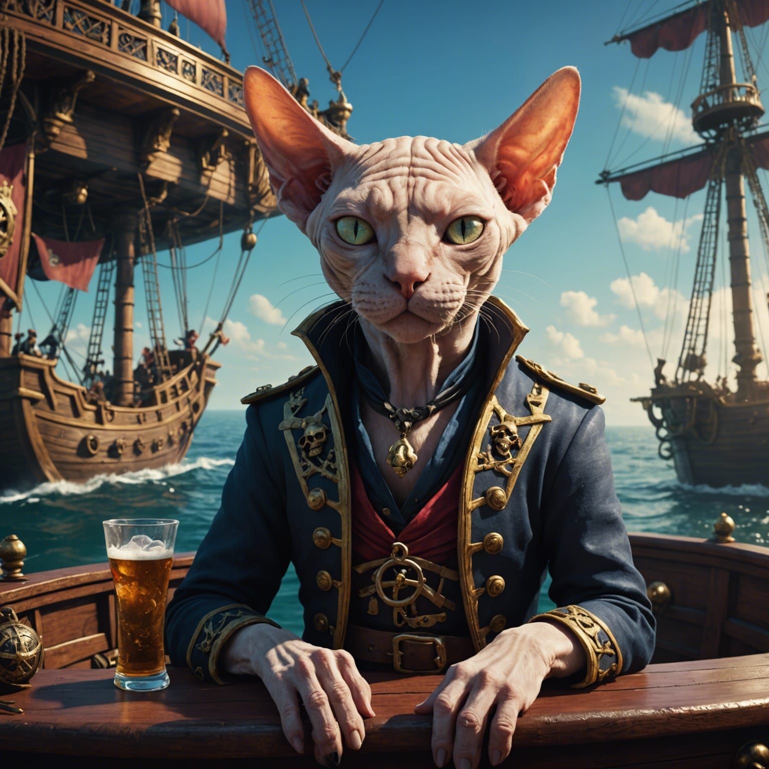Drunken Pirate Sphynx Cat on Ship: Digital Art