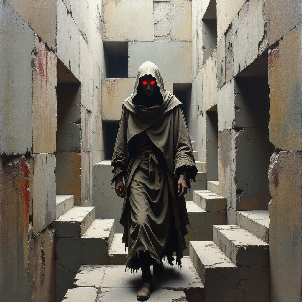 Gaunt Figure in Brutalist Maze, Da Vinci Style