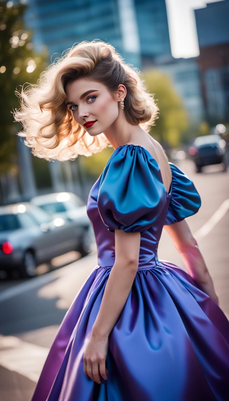 Woman in 80s Satin Prom Dress Photo