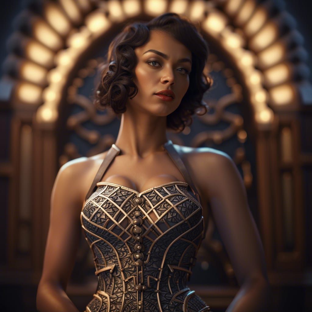 Exotic Model in Jigsaw Puzzle Corset, Art Deco Style