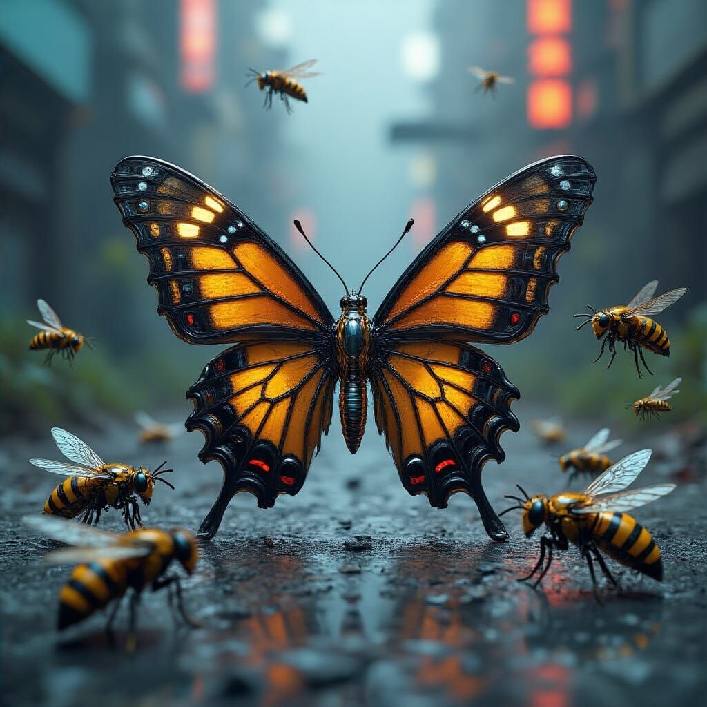 Butterfly in Metallic Exosuit in Sci-Fi Setting