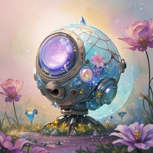 Whimsical Robot in Crystal Garden: Watercolor Painting