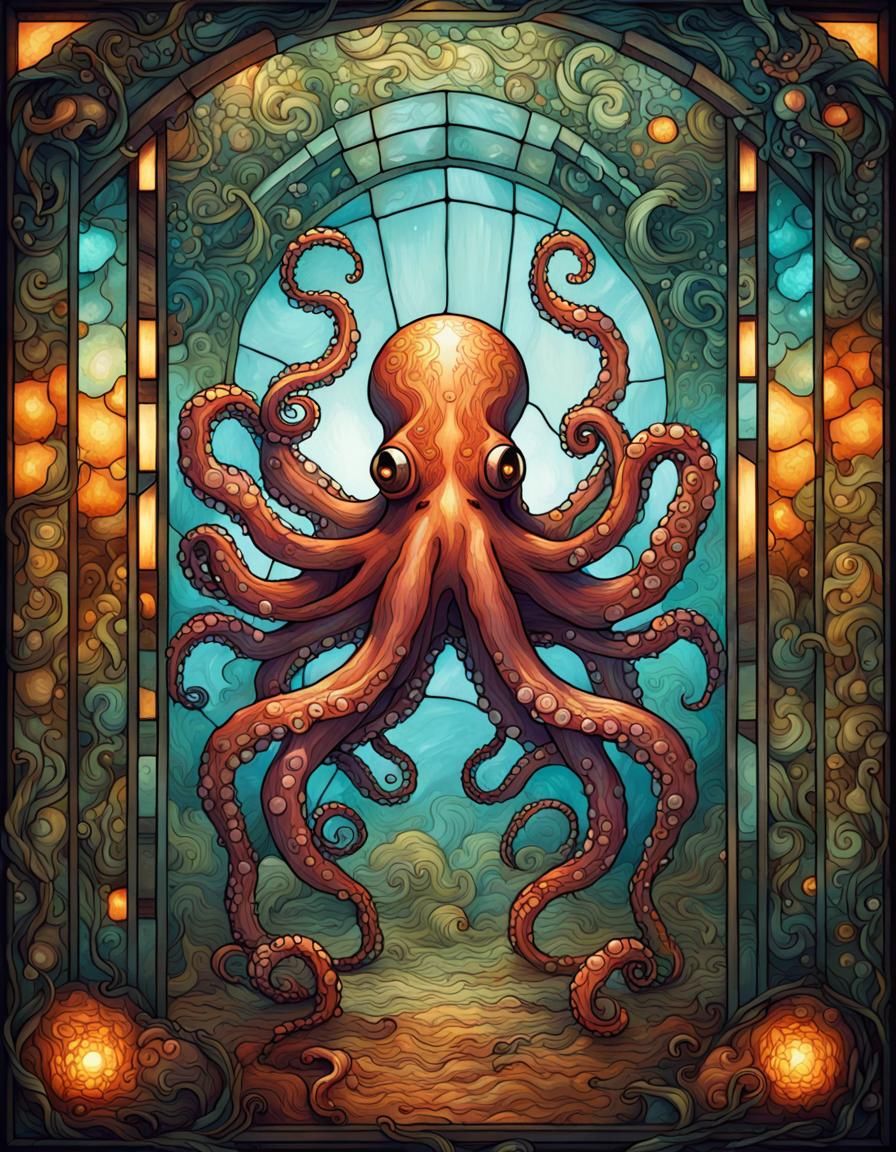 Stained Glass Octopus, Hyperrealistic Tarot Card Design