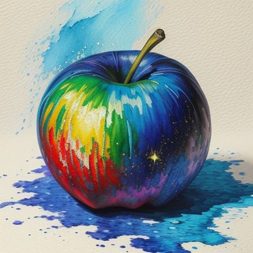 Vibrant Polyhedral Apple Masterpiece in Iridescent Gouache