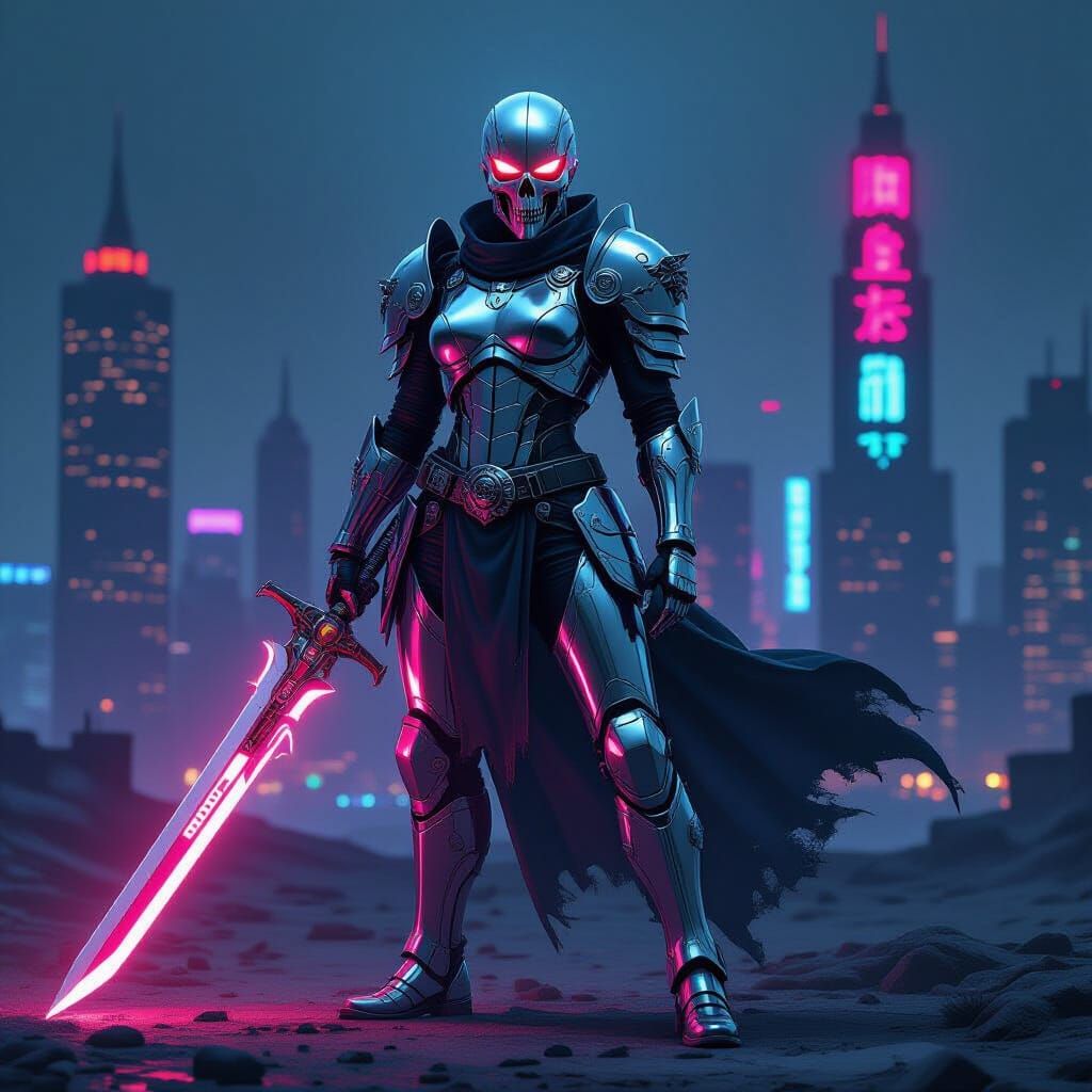 Chrome Android Swordswoman in Neon Cityscape