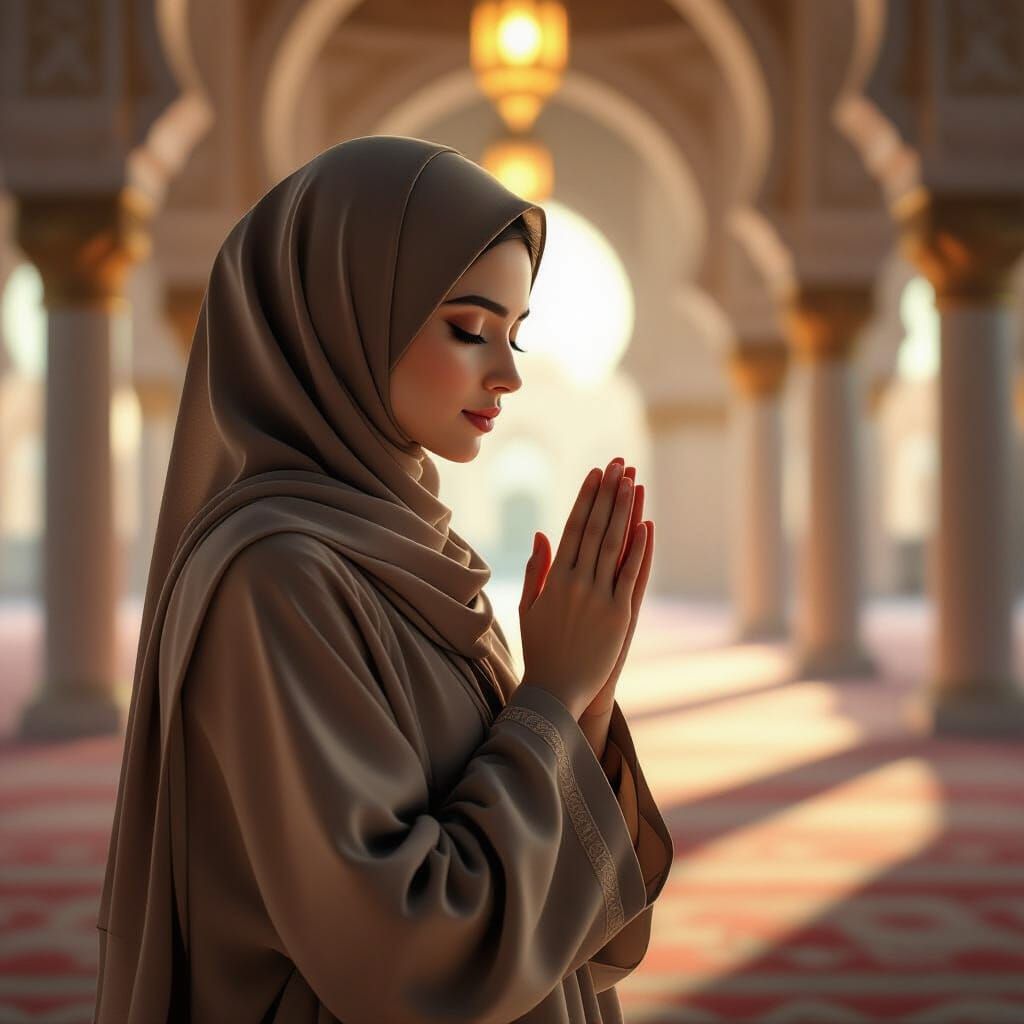 Woman Praying in Serene Mosque, Digital Art Style