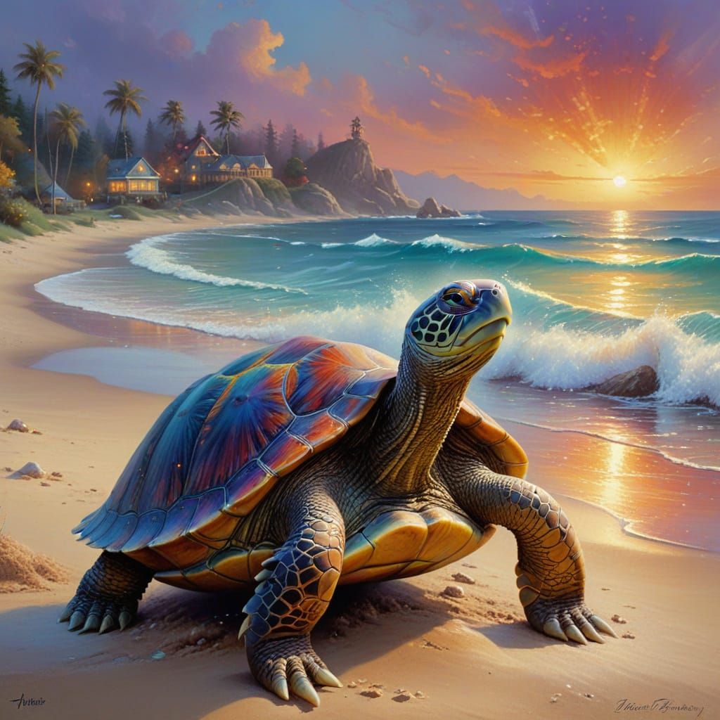 Turtle in Vibrant Coastal Scene