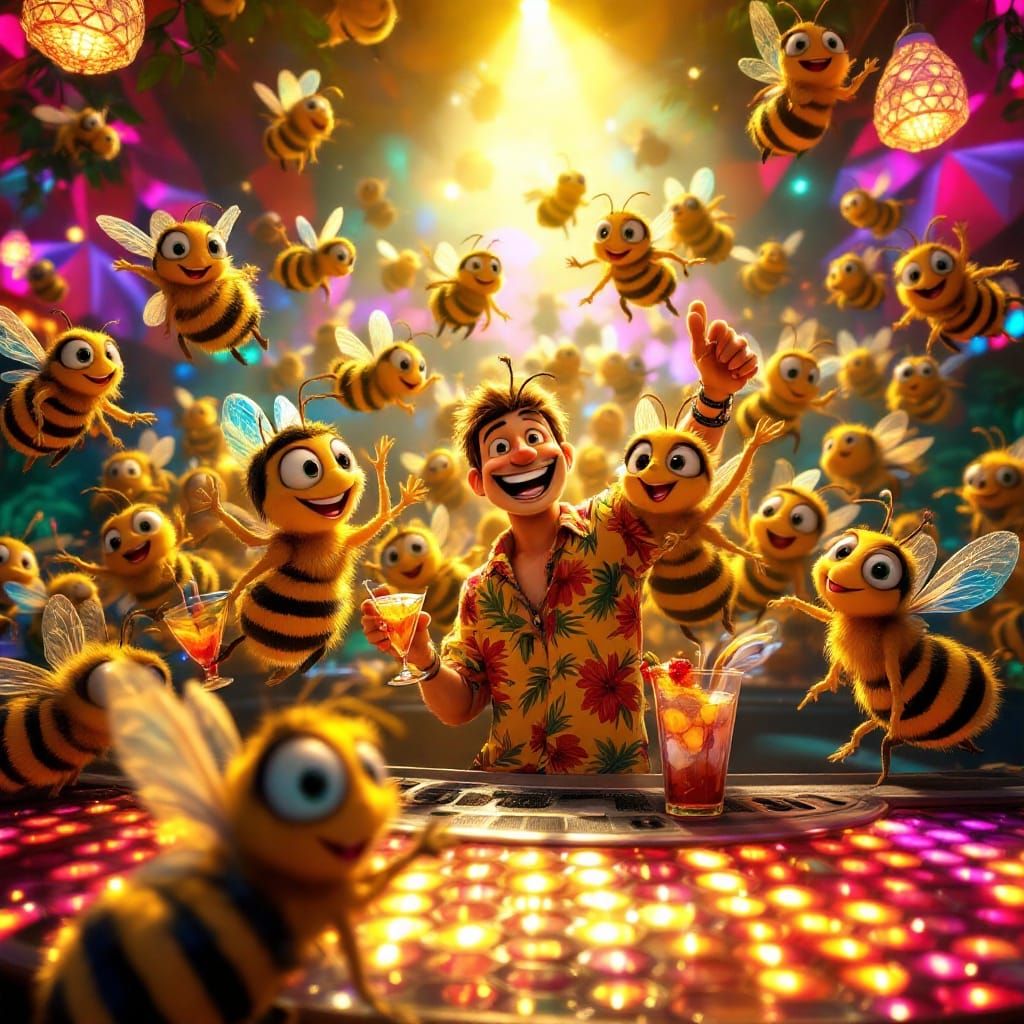 Colorful Bees Dance the Night Away in Vibrant Nightclub