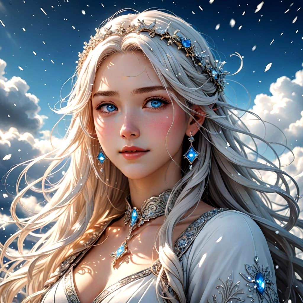 Anime Snow Goddess in Flight, Detailed Digital Art