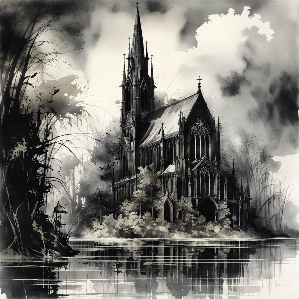 Post-Apocalyptic Gothic Church on Lake in Watercolor Style