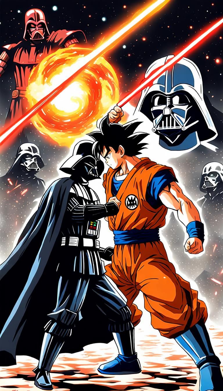 An anime showdown of Goku staring down Darth Vader