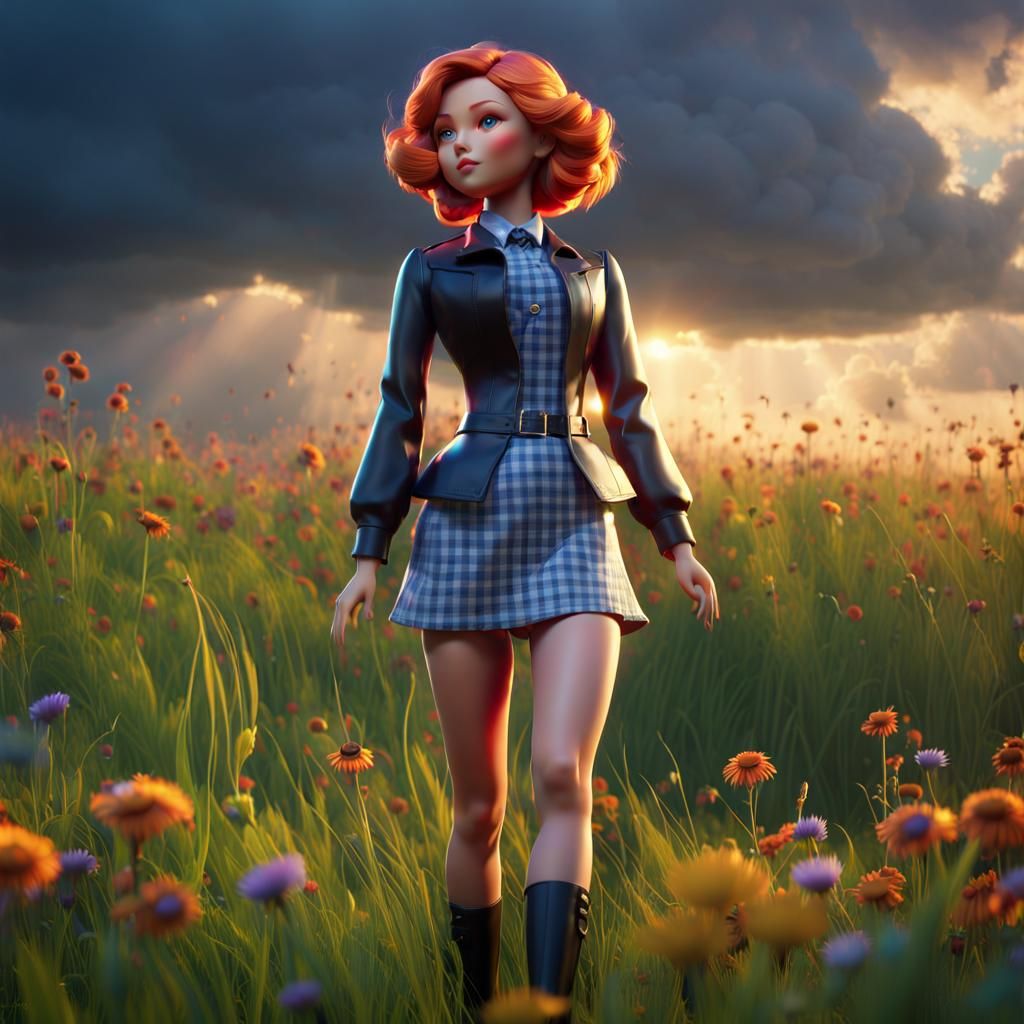 Elegant Plastic Doll in Stormy Meadow, 3D Rendered