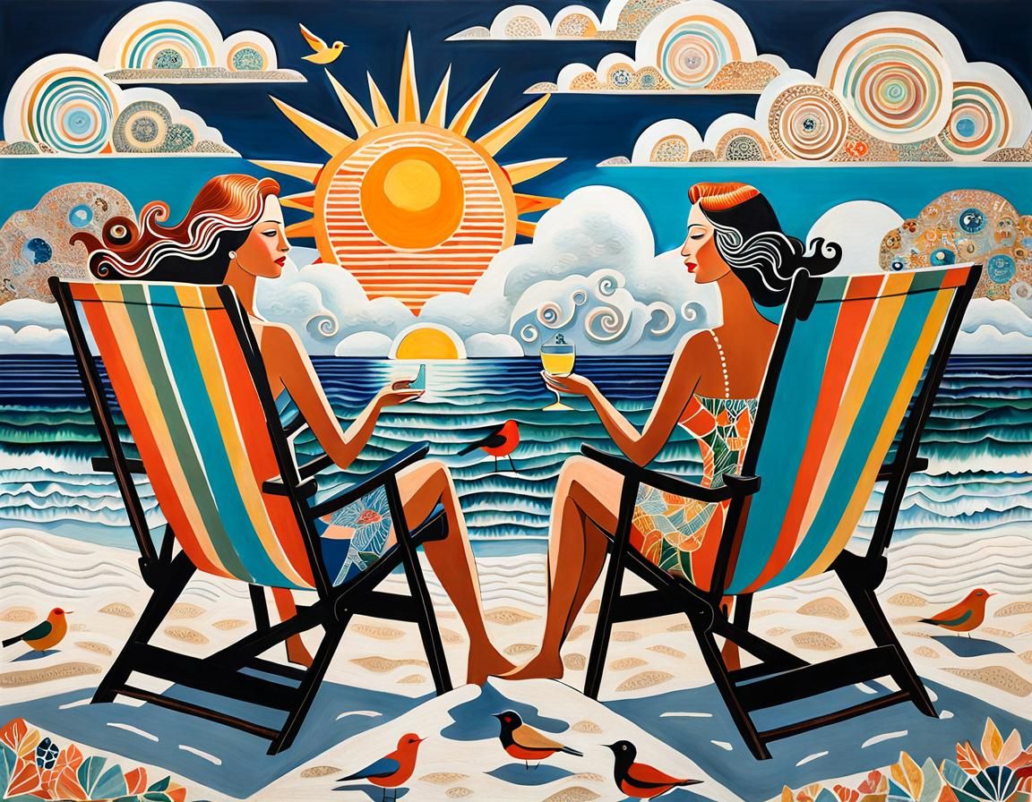 Whimsical Beach Scene in Folk Art Style