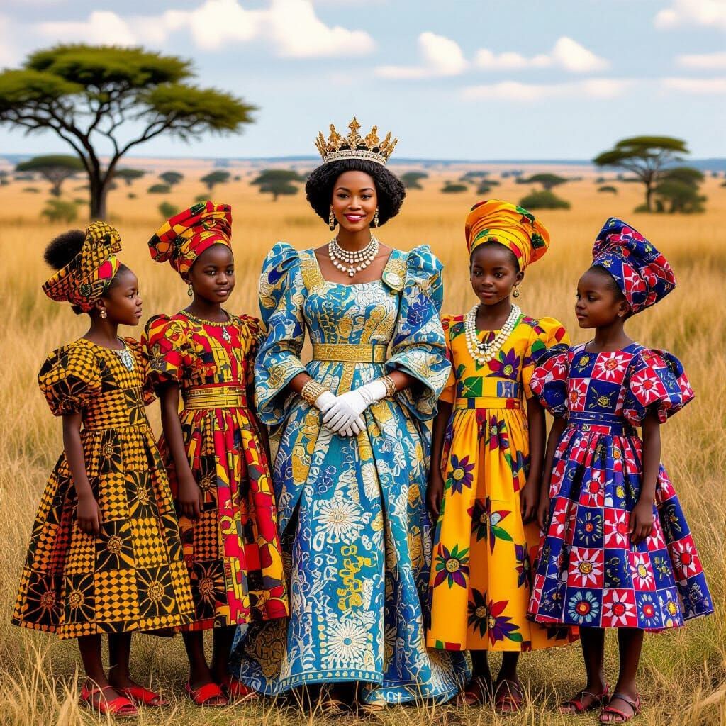 Children and Queen in African Savannah, Bold Colors