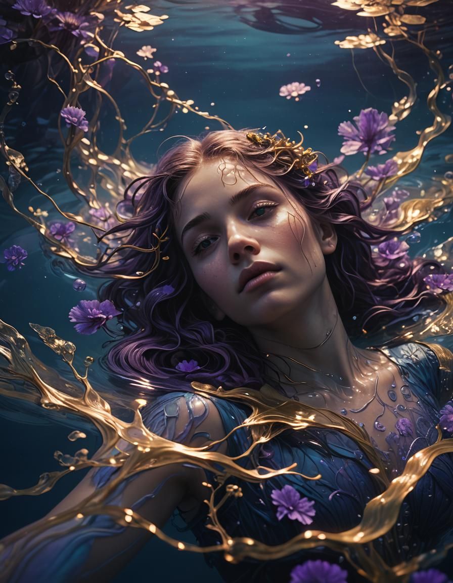 Melancholic Submerged Figure in Bioluminescent Water