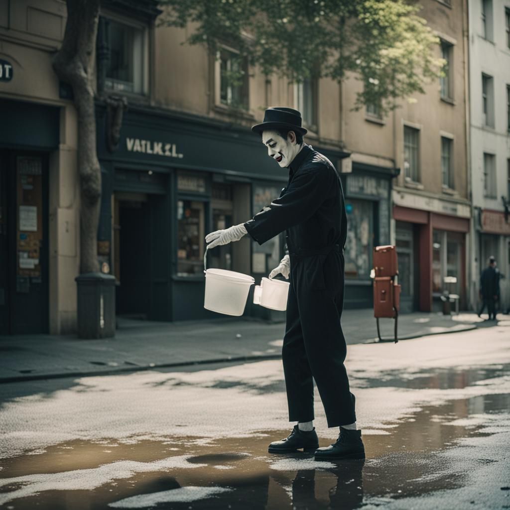 Mime Washing Empty Space: Cinematic Street Scene