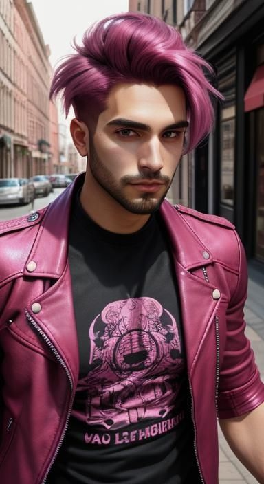 Young Man with Magenta Hair on City Street