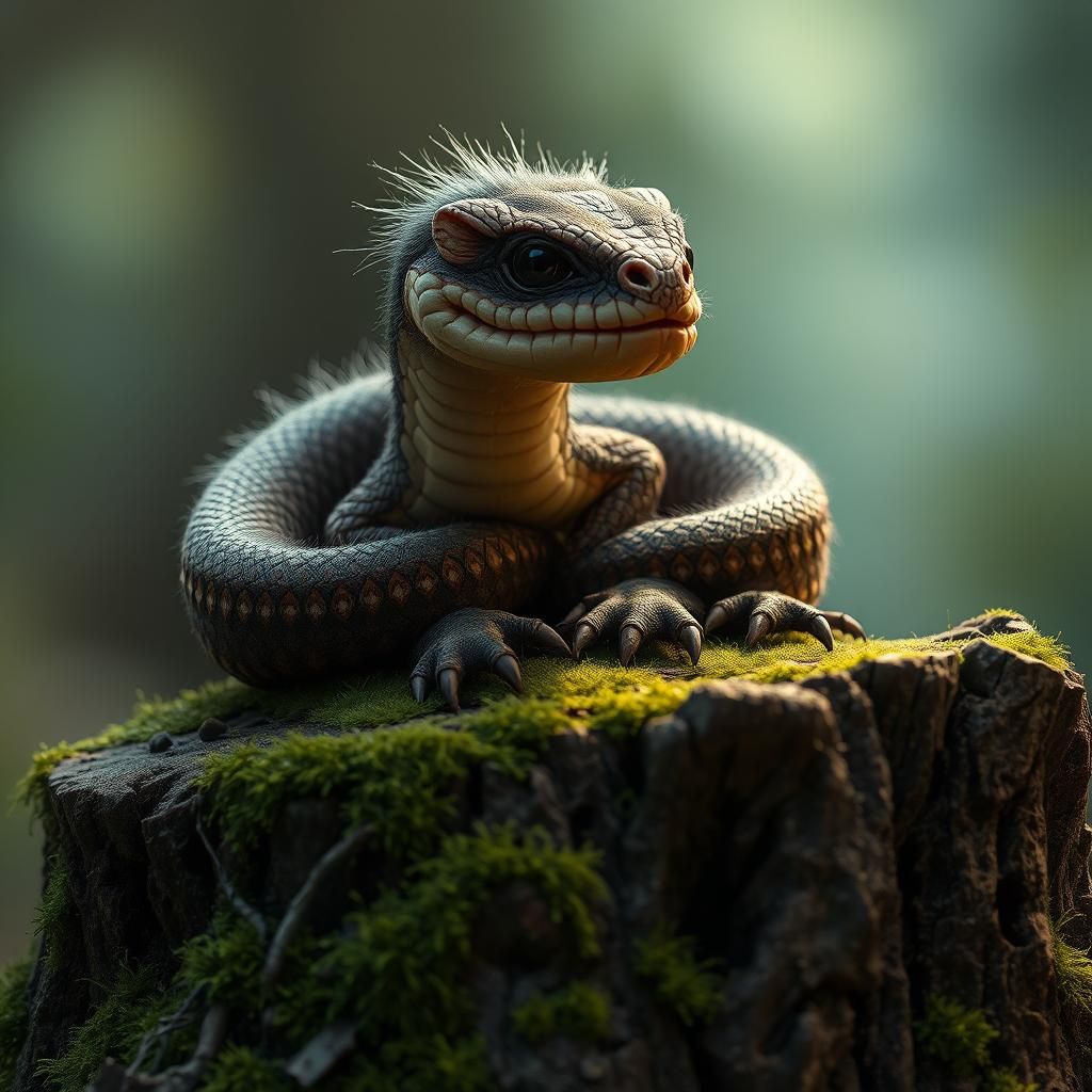 Mystical Tugarin Serpent on Mossy Stump: Digital Art