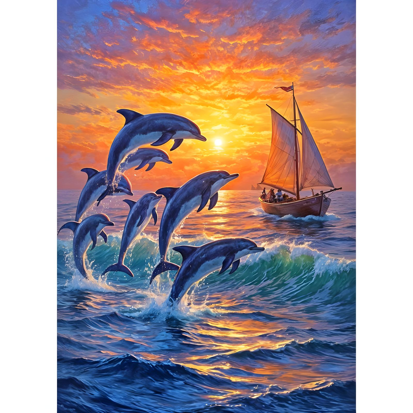 Dolphins Leap Alongside Boat at Sunset