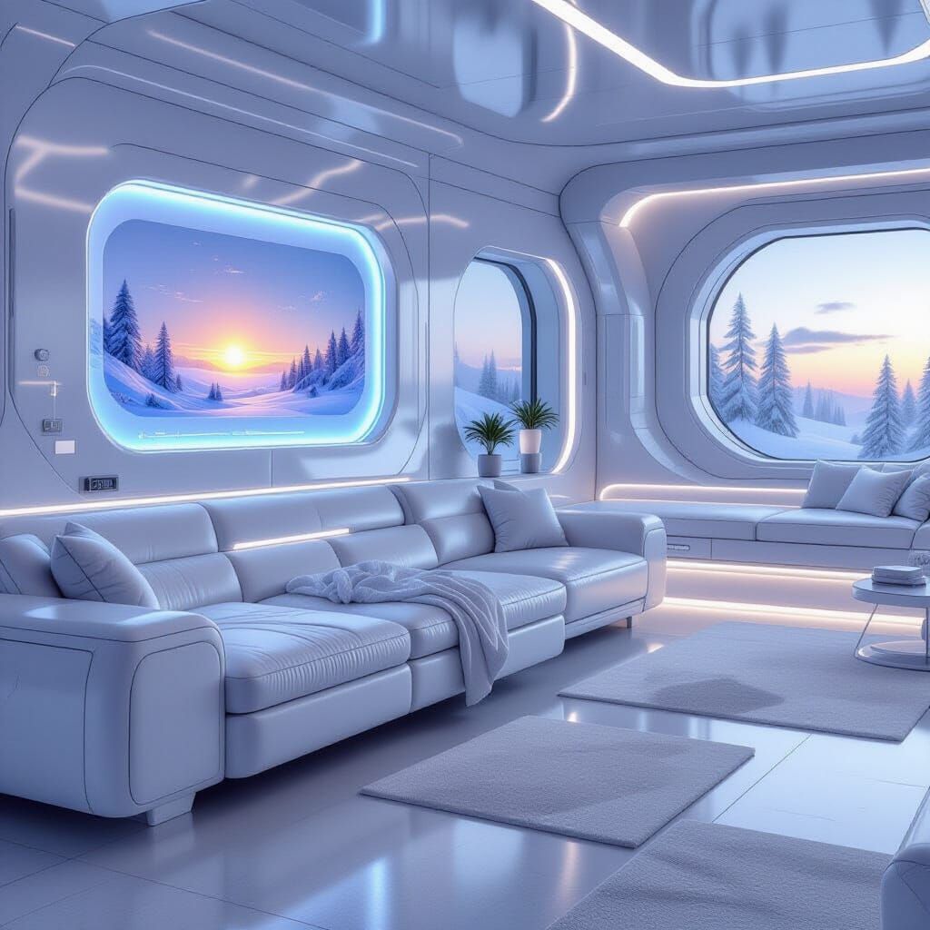 Cozy Futuristic House Interior with Smart Glass and Bioplast...