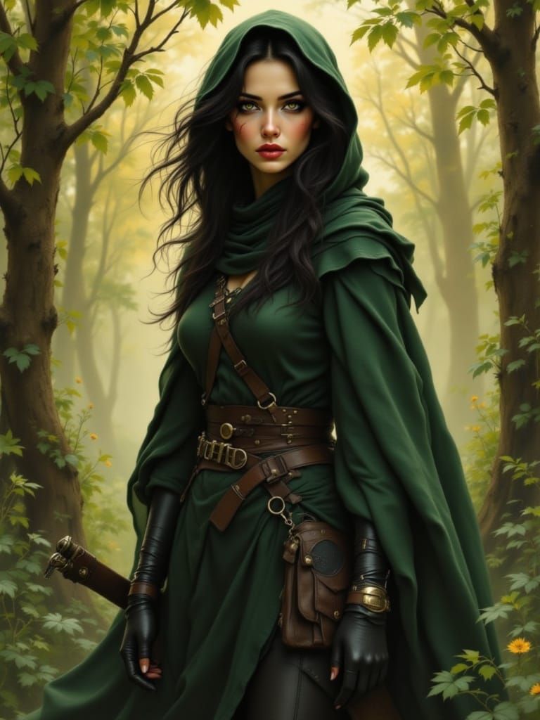 Huntress in Forest, Alphonse Mucha Style