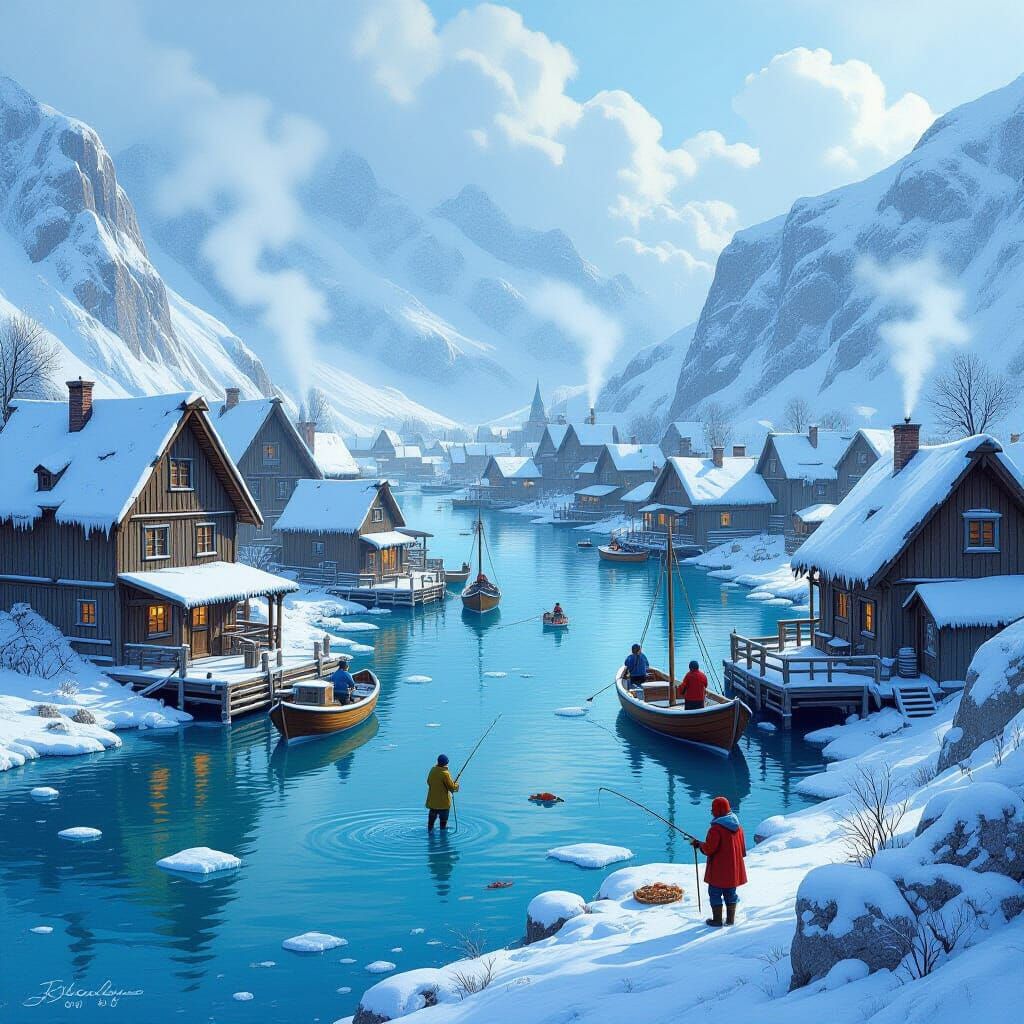 Winter Village on Frozen Coast: Digital Art
