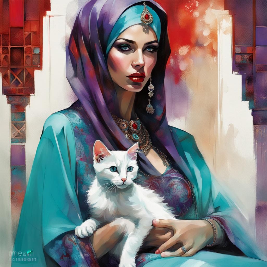 Arabic Woman in Wedding Gown with Kitten
