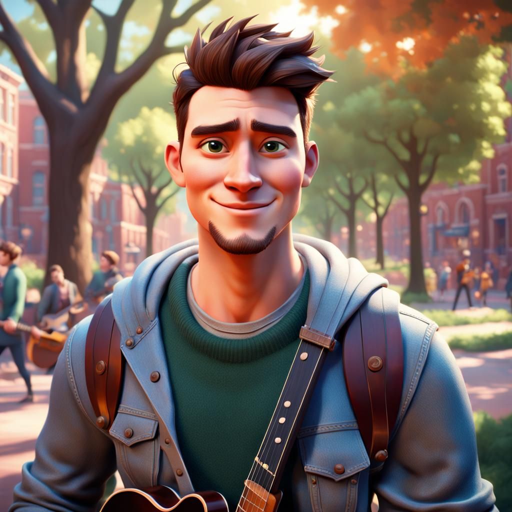 Handsome Boy with Guitar: Pixar-Style 3D Art