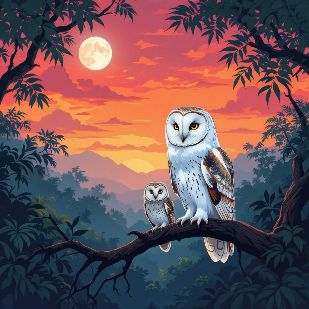 White Owl Family in Dreamlike Rainforest Night Sky