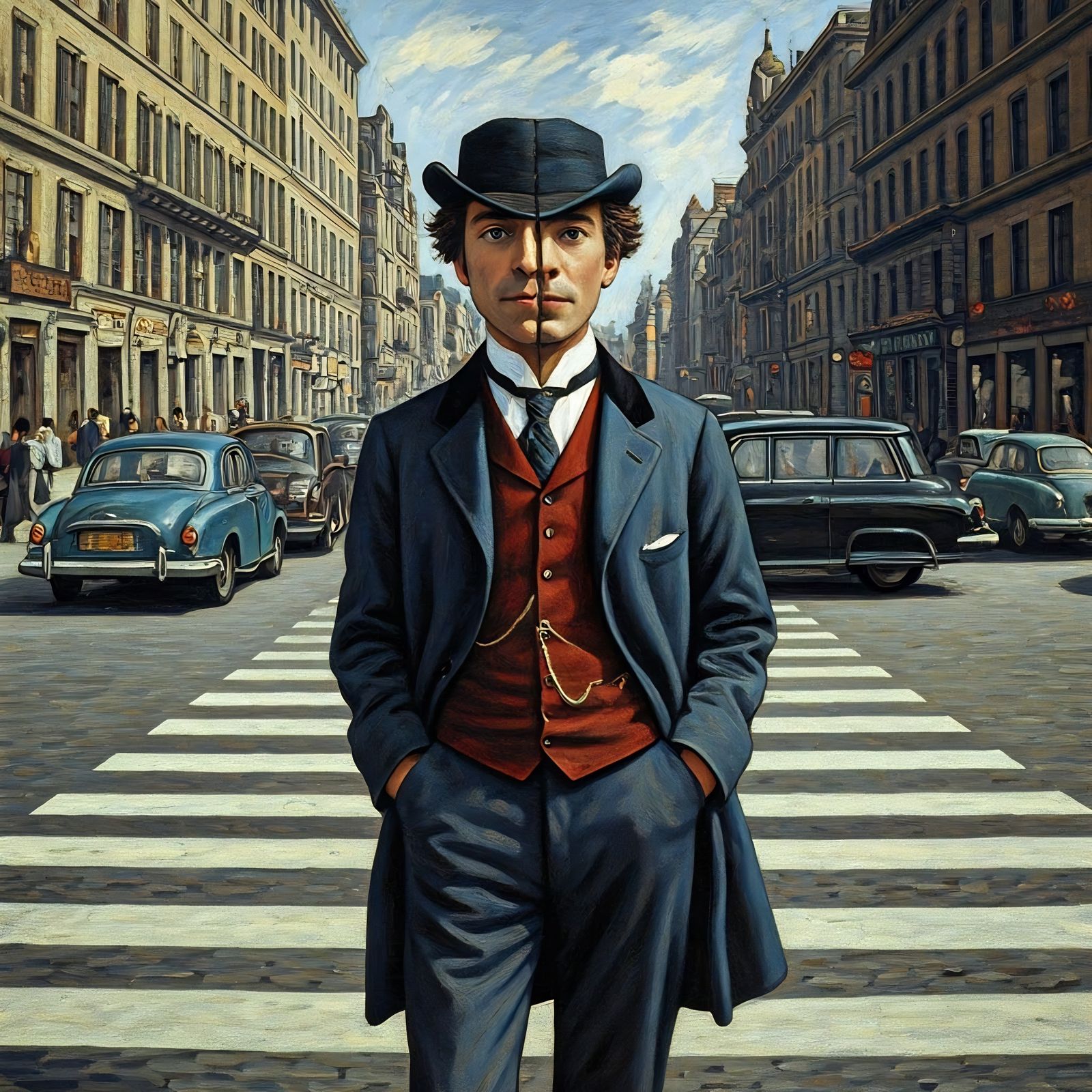 Man's Splitting Personality: Impressionistic Street Scene