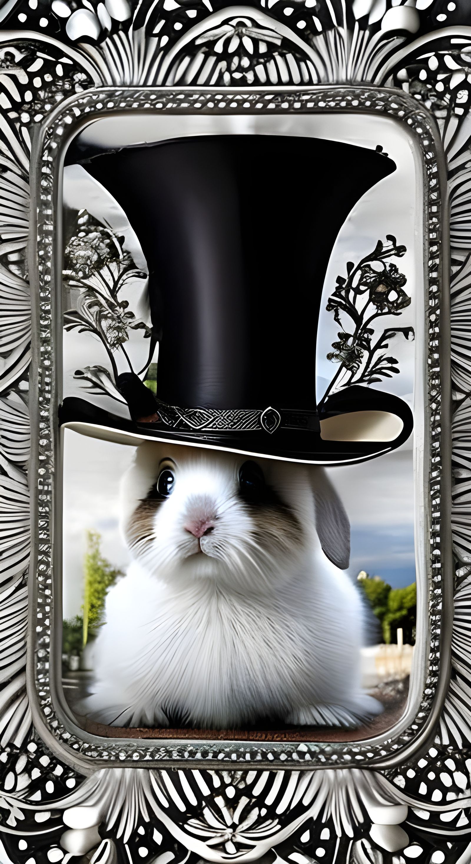 Victorian Bunny in Silver Filigree Frame, Digital Art