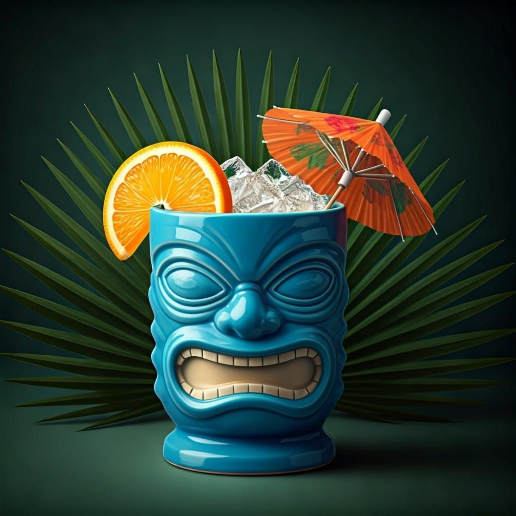 Mai Tai Cocktail in Tiki Cup, Digital Illustration
