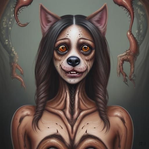 Surreal Feminist Dog-Woman Portrait in Oil Painting