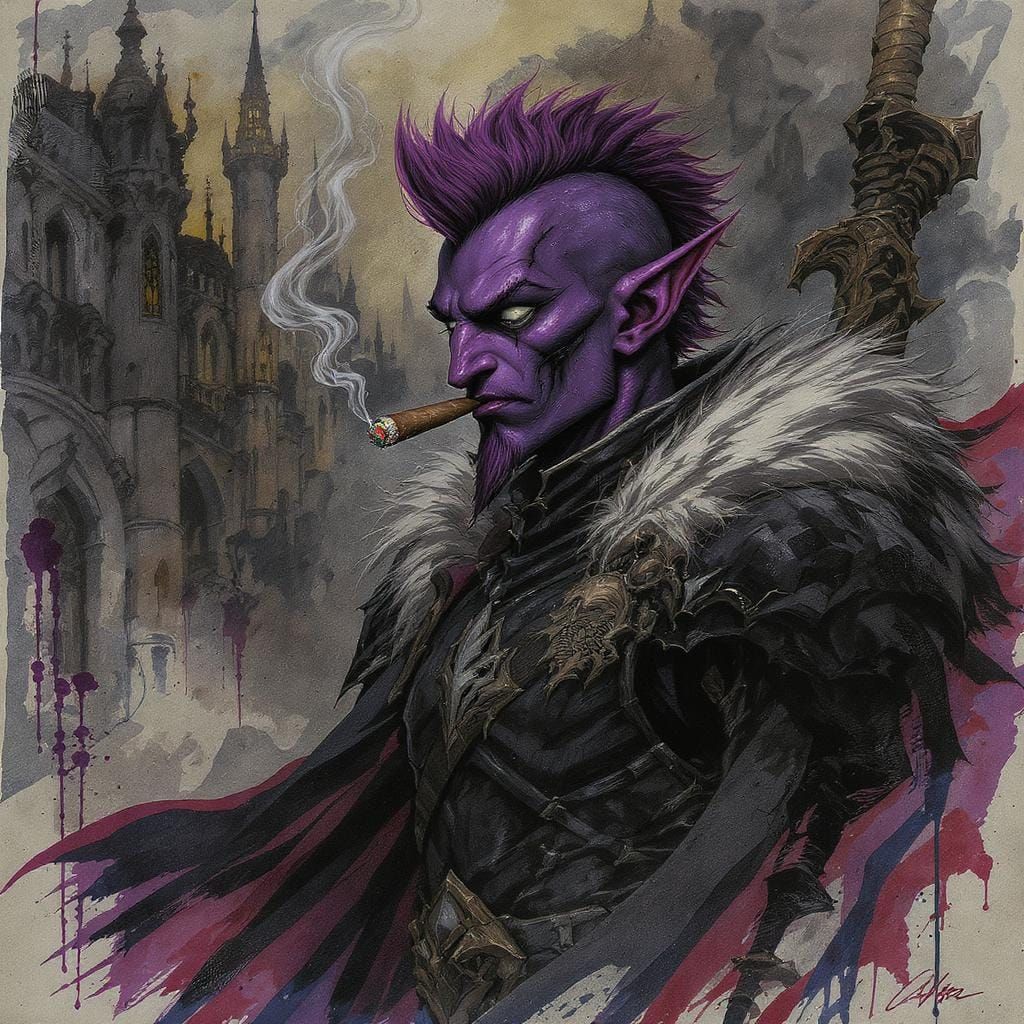 Tiefling Warrior with Glaive in Gothic City