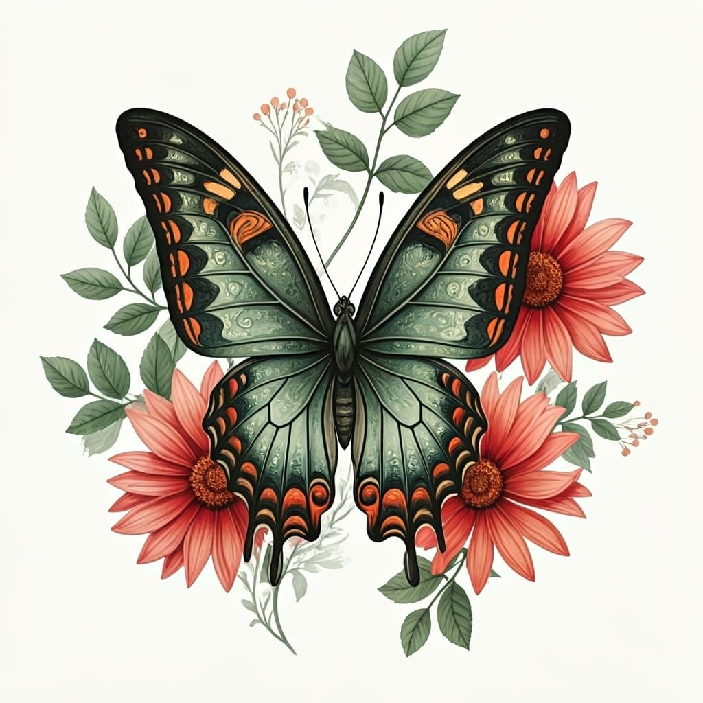 Butterfly Among Flowers in Whimsical Style