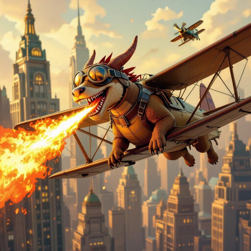 Dragon and Biplane Dog Soaring Through Art Deco City