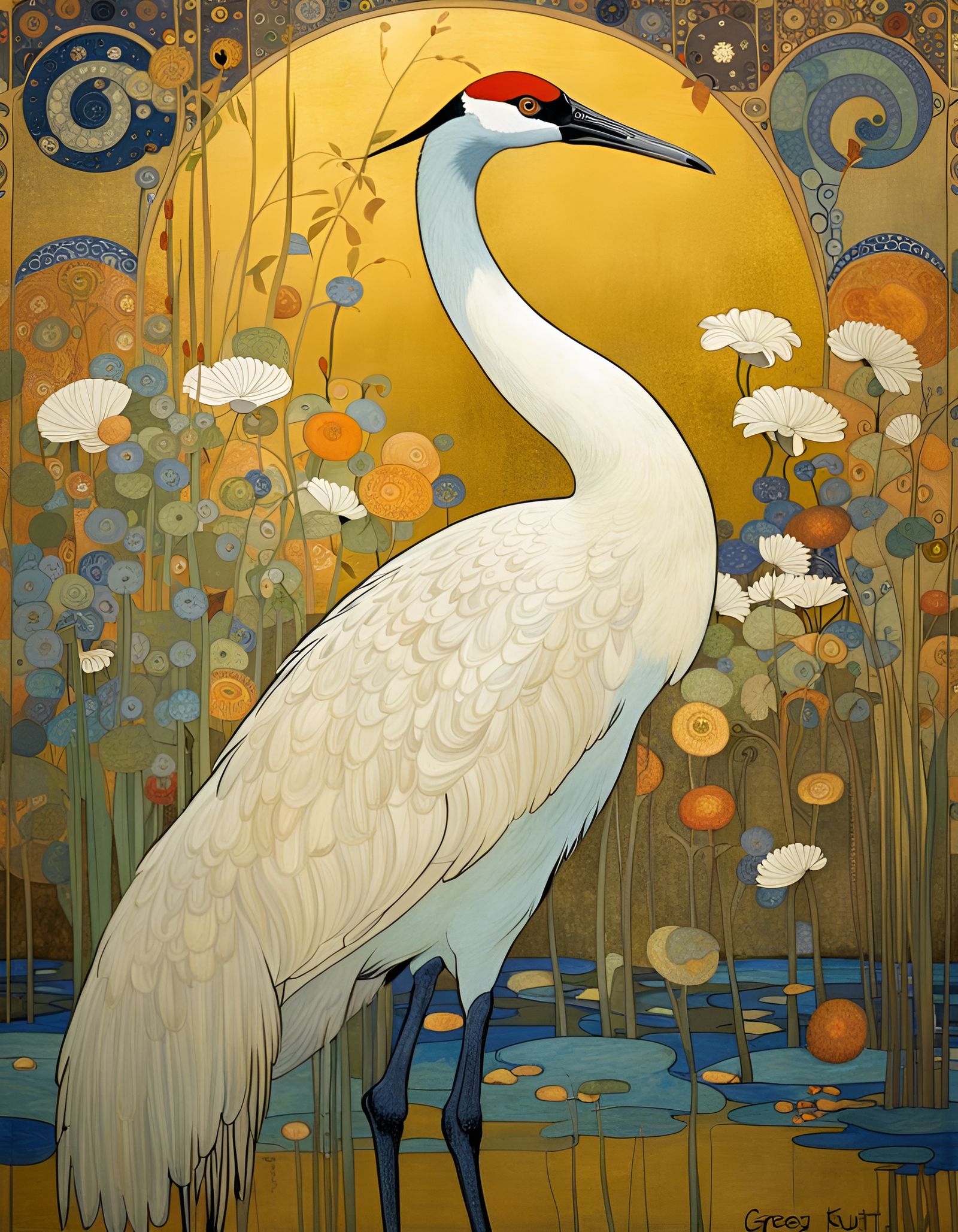 Eurasian Crane in Art Nouveau Style
