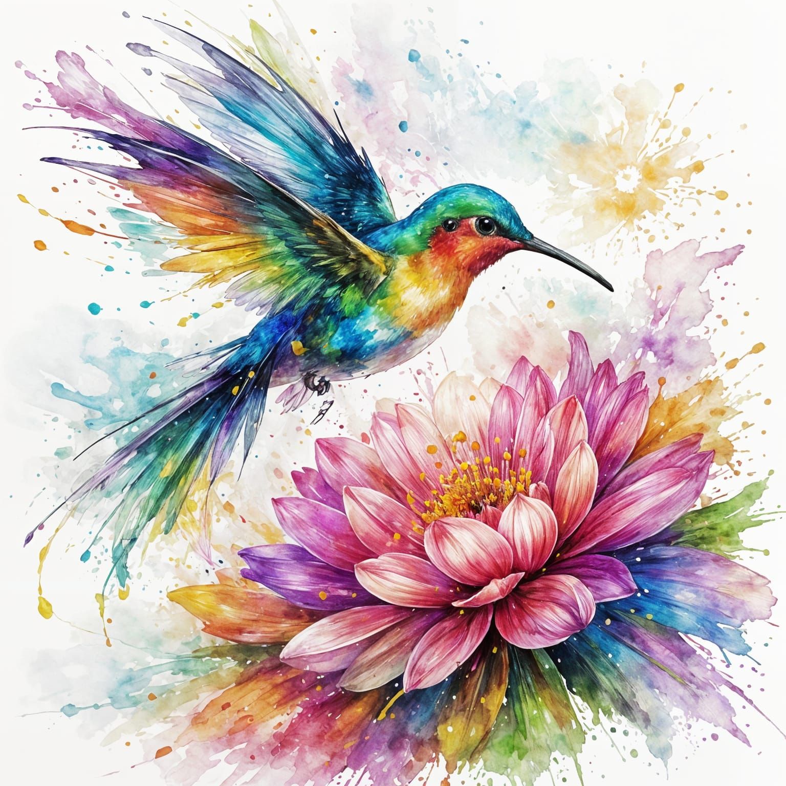 Vibrant Abstract Ink Splash: Hummingbird Over Flower
