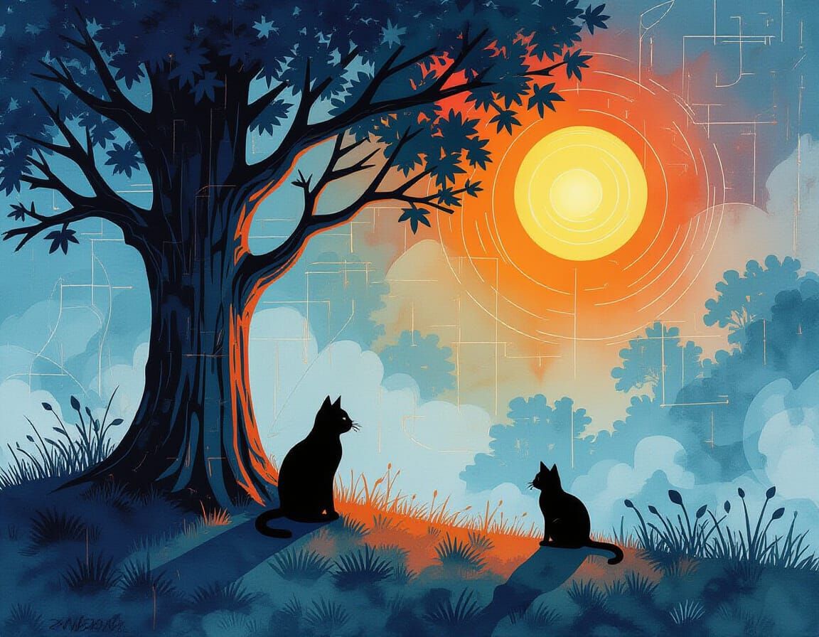 Synthwave Cat Under Tree: Glitchcore Abstract Art